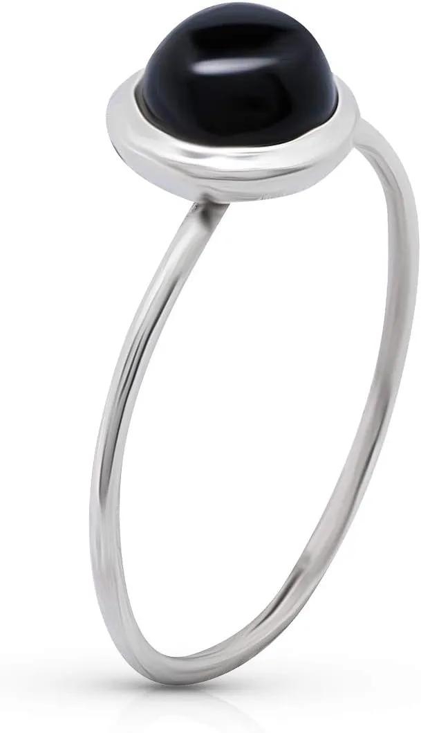 Round Black Onyx 925 Sterling Silver Ring - Delicate BOHO Chic Jewelry - Fashionable and Stylish for Women with Velvet Gift Bag/Box - Made by Indian Artisans - Size 6-9