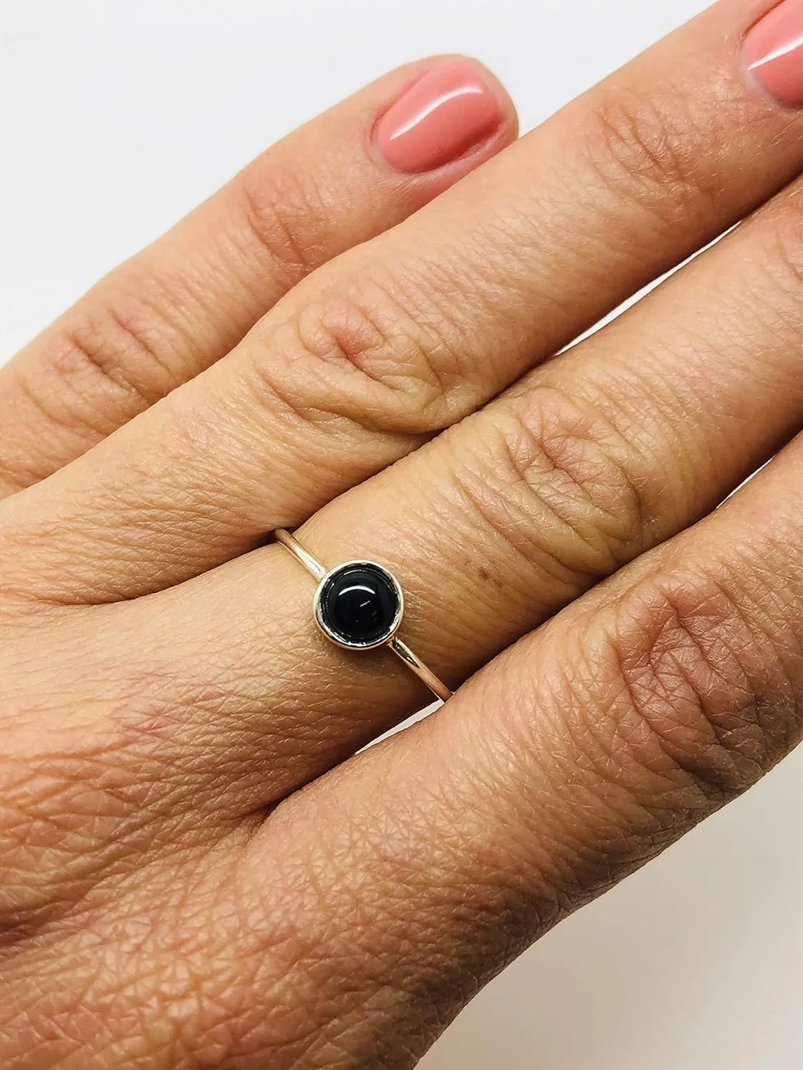 Round Black Onyx 925 Sterling Silver Ring - Delicate BOHO Chic Jewelry - Fashionable and Stylish for Women with Velvet Gift Bag/Box - Made by Indian Artisans - Size 6-9