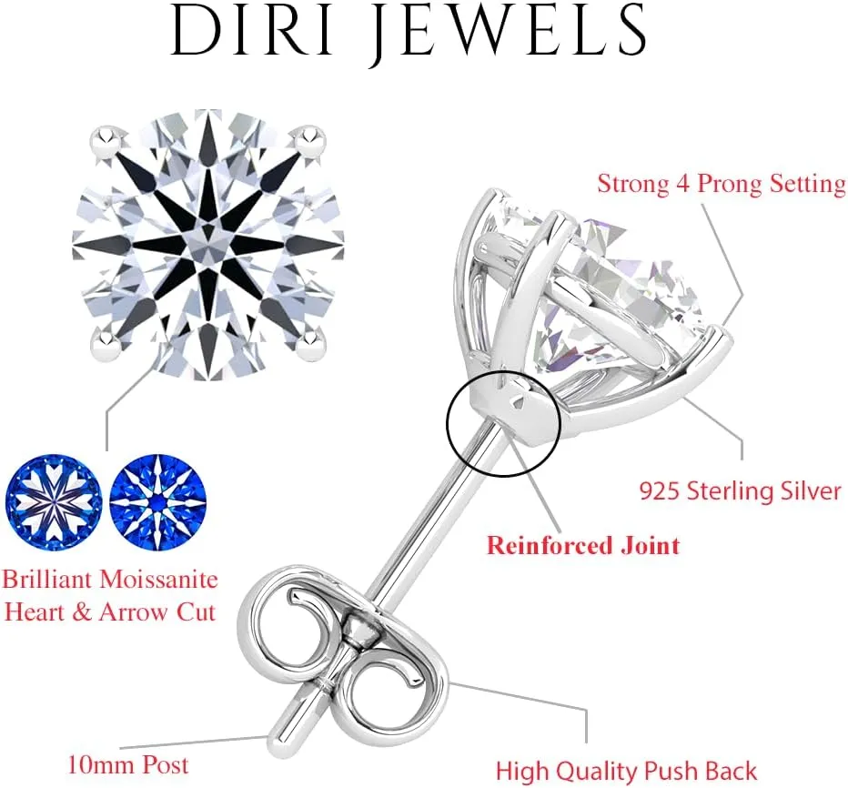 Round Brilliant Moissanite Stud Earrings, 0.5CT-3CT D color VVS1 Clarity Moissanite 14K Gold Plated 925 Sterling Silver Hypoallergenic Push Back Earrings