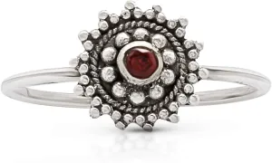 Round Garnet Vintage Delicate Ring- 925 Sterling Silver - Ethnic Boho Chic Hand Made Jewelry - Fashionable And Stylish For Women -Us Size 5-10