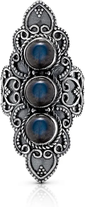 Round Labradorite 3 Stones 925 Sterling Silver Ring - Delicate BOHO Chic Jewelry - Fashionable and Stylish for Women with Velvet Gift Bag/Box - Made by Indian Artisans - Size 6-10