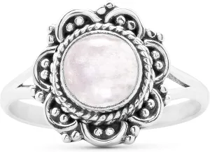 Round Moonstone 925 Sterling Silver Ring - Delicate BOHO Chic Jewelry - Fashionable and Stylish for Women with Velvet Gift Bag - Made by Indian Artisans - Size 6-9