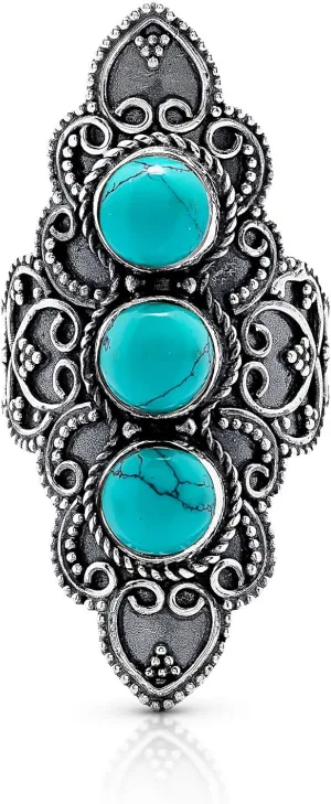 Round Turquoise 3 Stones 925 Sterling Silver Ring - Delicate BOHO Chic Jewelry - Fashionable and Stylish for Women with Velvet Gift Bag/Box - Made by Indian Artisans - Size 6-10