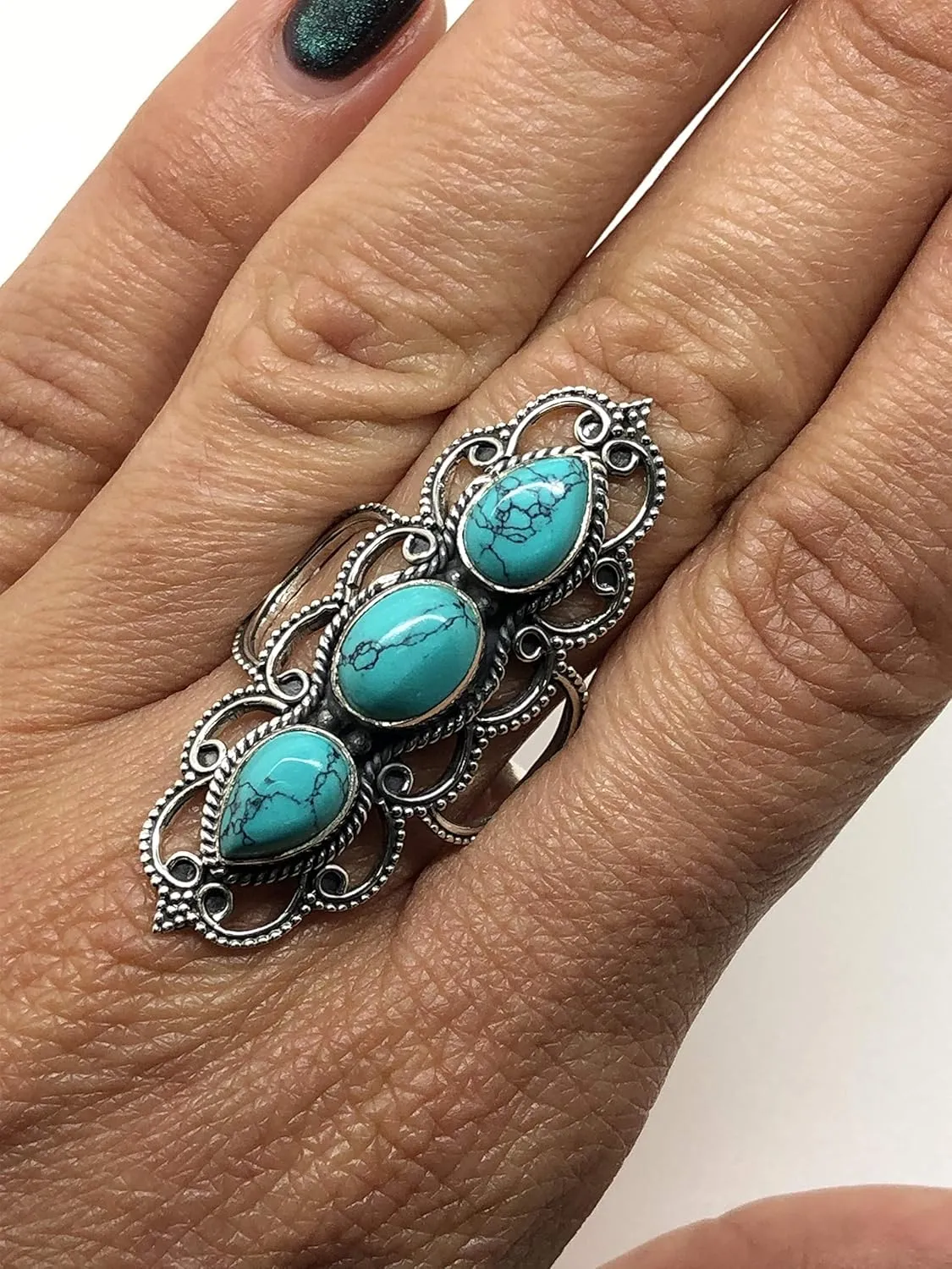 Round Turquoise 3 Stones 925 Sterling Silver Ring - Delicate BOHO Chic Jewelry - Fashionable and Stylish for Women with Velvet Gift Bag/Box - Made by Indian Artisans - Size 6-10