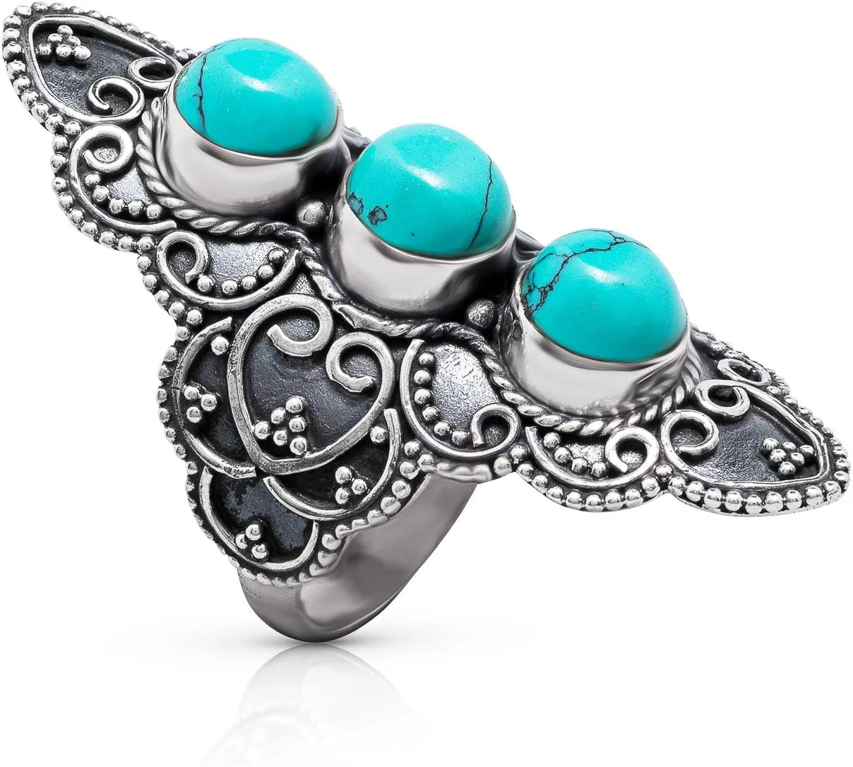 Round Turquoise 3 Stones 925 Sterling Silver Ring - Delicate BOHO Chic Jewelry - Fashionable and Stylish for Women with Velvet Gift Bag/Box - Made by Indian Artisans - Size 6-10