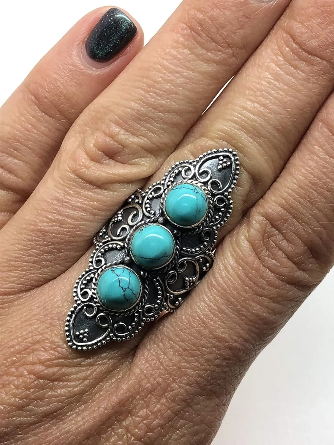 Round Turquoise 3 Stones 925 Sterling Silver Ring - Delicate BOHO Chic Jewelry - Fashionable and Stylish for Women with Velvet Gift Bag/Box - Made by Indian Artisans - Size 6-10