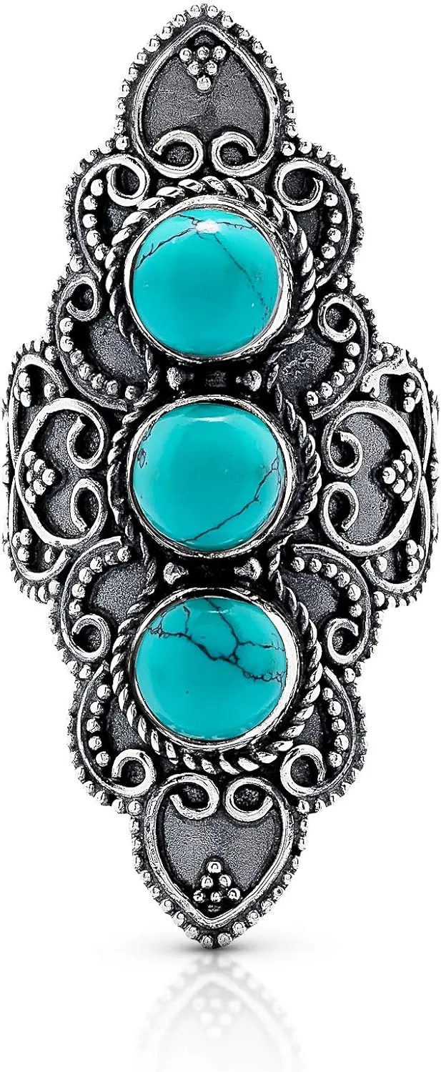 Round Turquoise 3 Stones 925 Sterling Silver Ring - Delicate BOHO Chic Jewelry - Fashionable and Stylish for Women with Velvet Gift Bag/Box - Made by Indian Artisans - Size 6-10