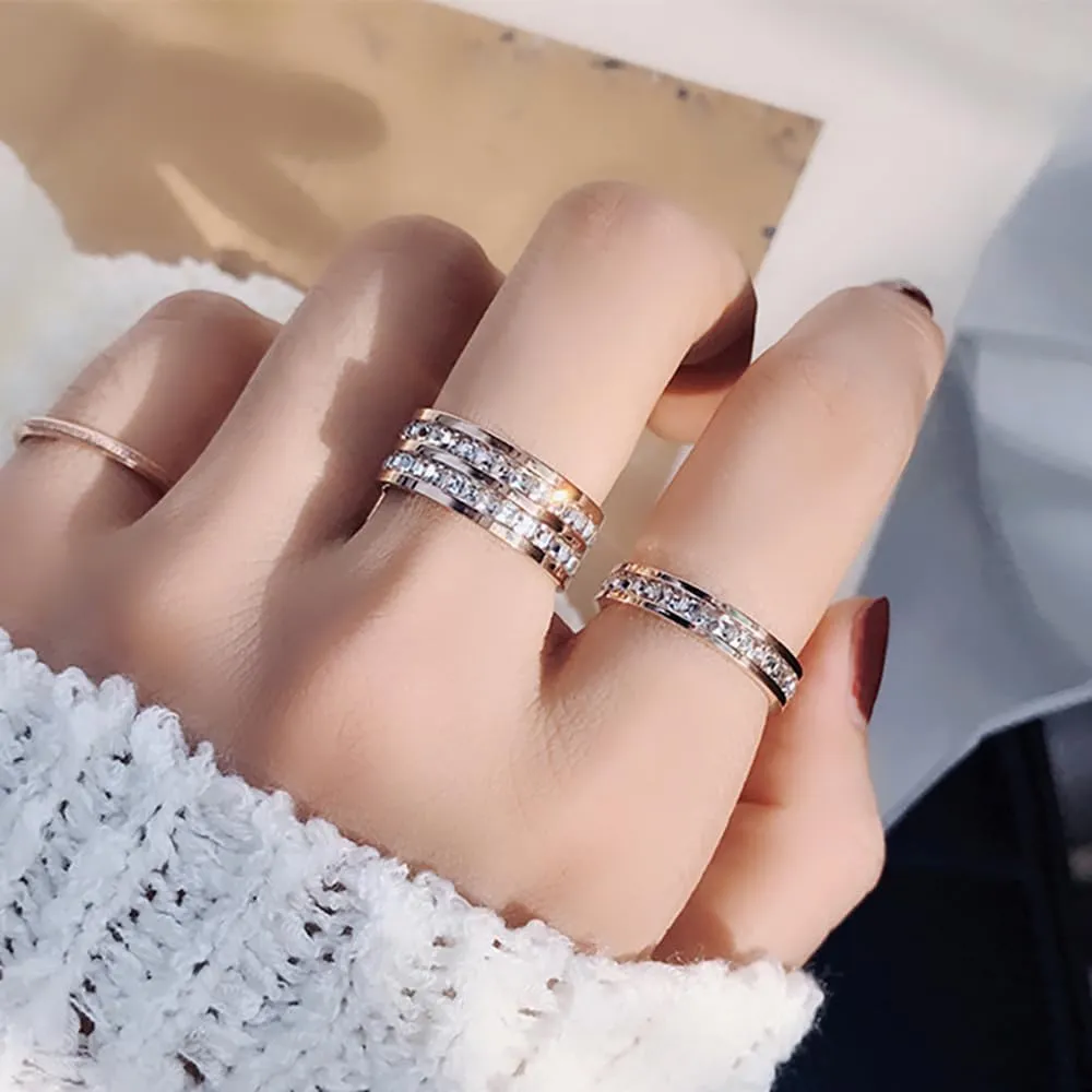 Rrdaily Fashion Double Row Crystal Ring Round Cubic Zirconia Double Row Eternity Band Ring for Women Birthday Wedding Jewelry Gifts
