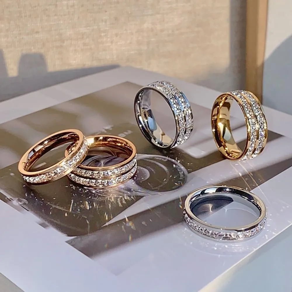 Rrdaily Fashion Double Row Crystal Ring Round Cubic Zirconia Double Row Eternity Band Ring for Women Birthday Wedding Jewelry Gifts