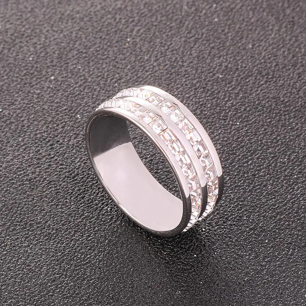 Rrdaily Fashion Double Row Crystal Ring Round Cubic Zirconia Double Row Eternity Band Ring for Women Birthday Wedding Jewelry Gifts