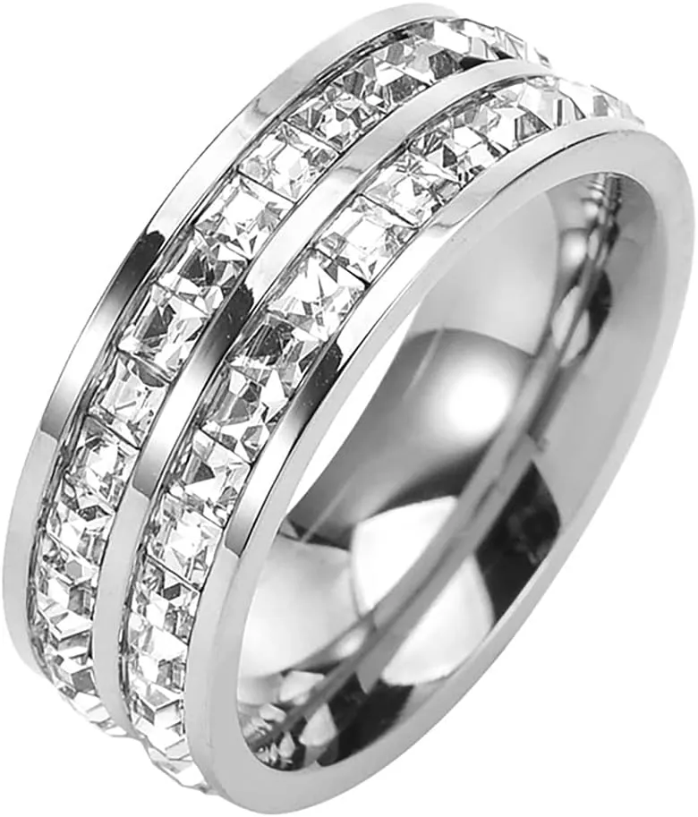 Rrdaily Fashion Double Row Crystal Ring Round Cubic Zirconia Double Row Eternity Band Ring for Women Birthday Wedding Jewelry Gifts