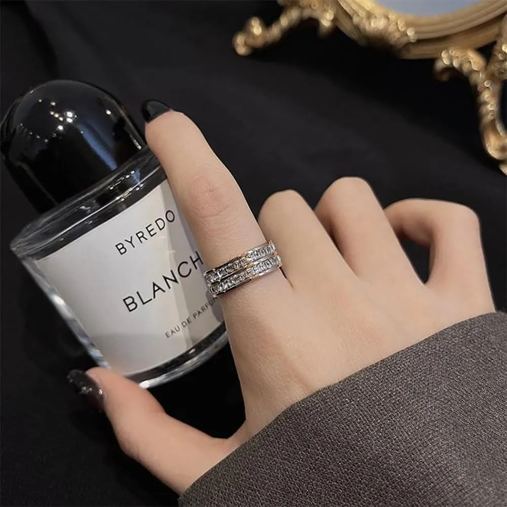 Rrdaily Fashion Double Row Crystal Ring Round Cubic Zirconia Double Row Eternity Band Ring for Women Birthday Wedding Jewelry Gifts