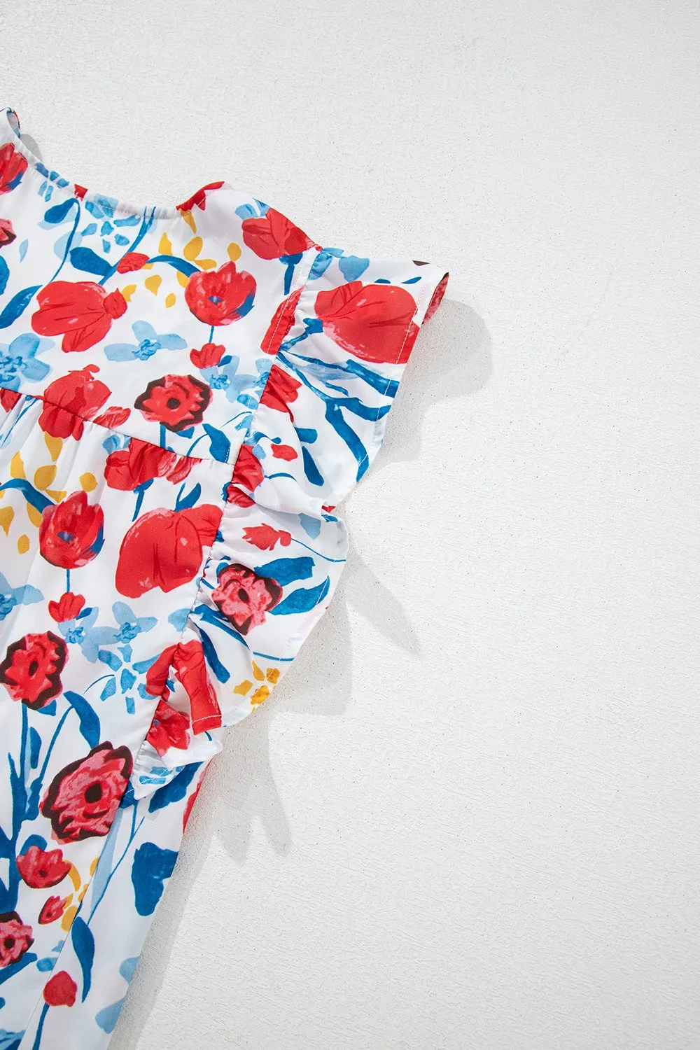 Ruffled Red White and Blue Floral V-Neck Cap Sleeve Blouse