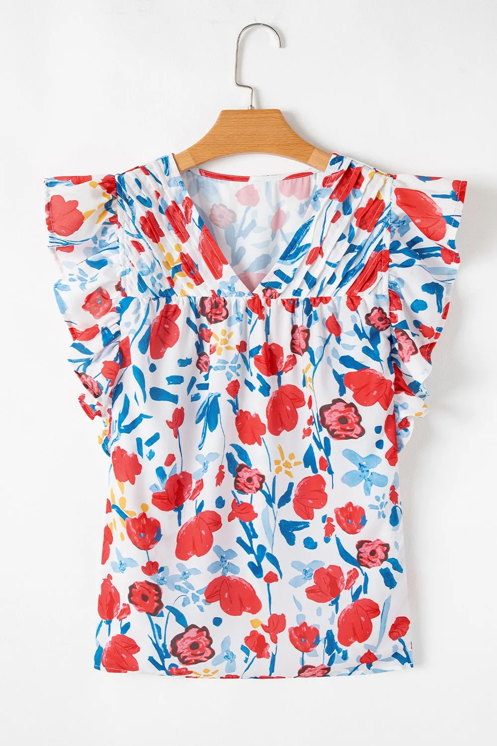 Ruffled Red White and Blue Floral V-Neck Cap Sleeve Blouse