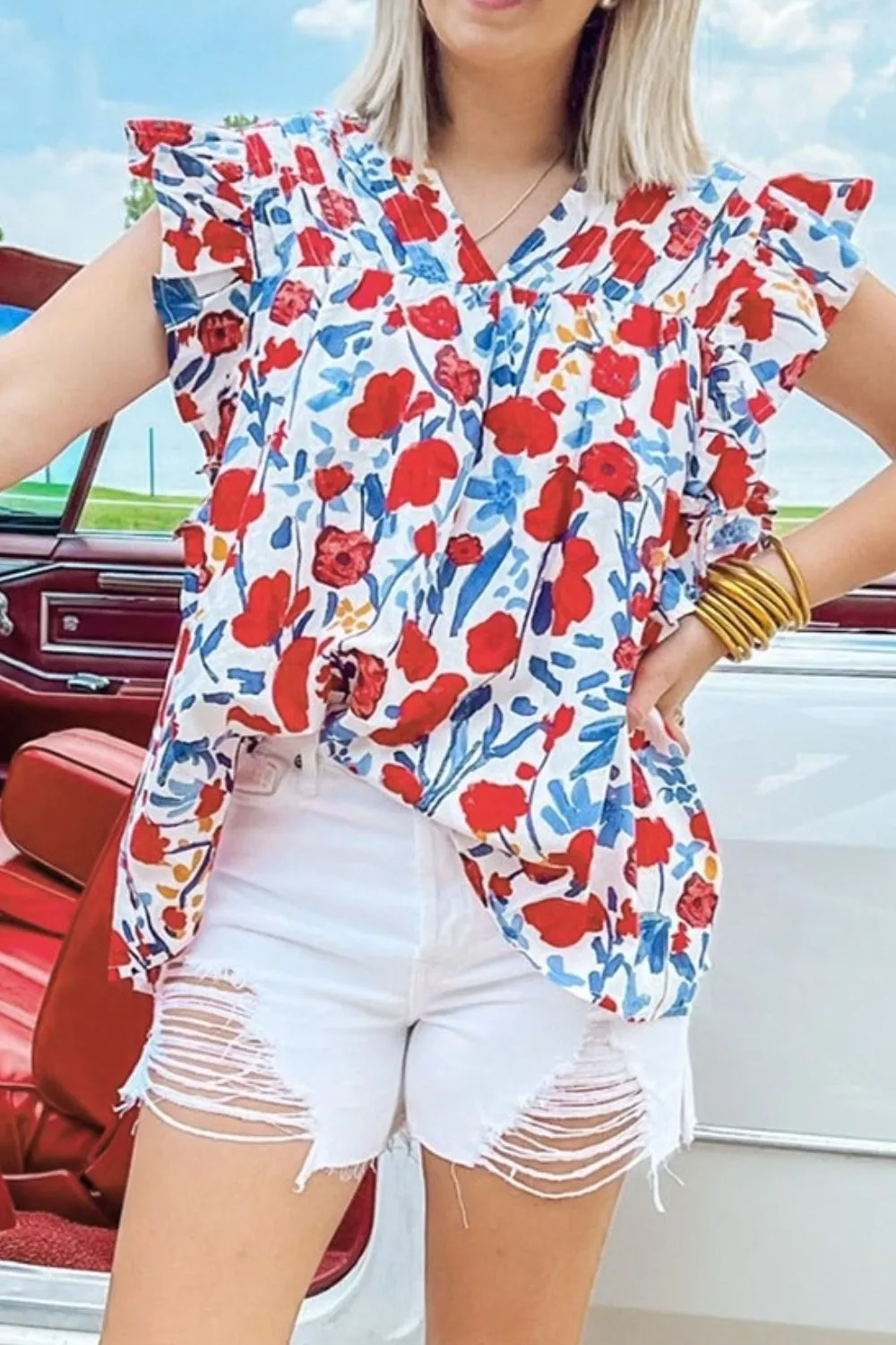 Ruffled Red White and Blue Floral V-Neck Cap Sleeve Blouse