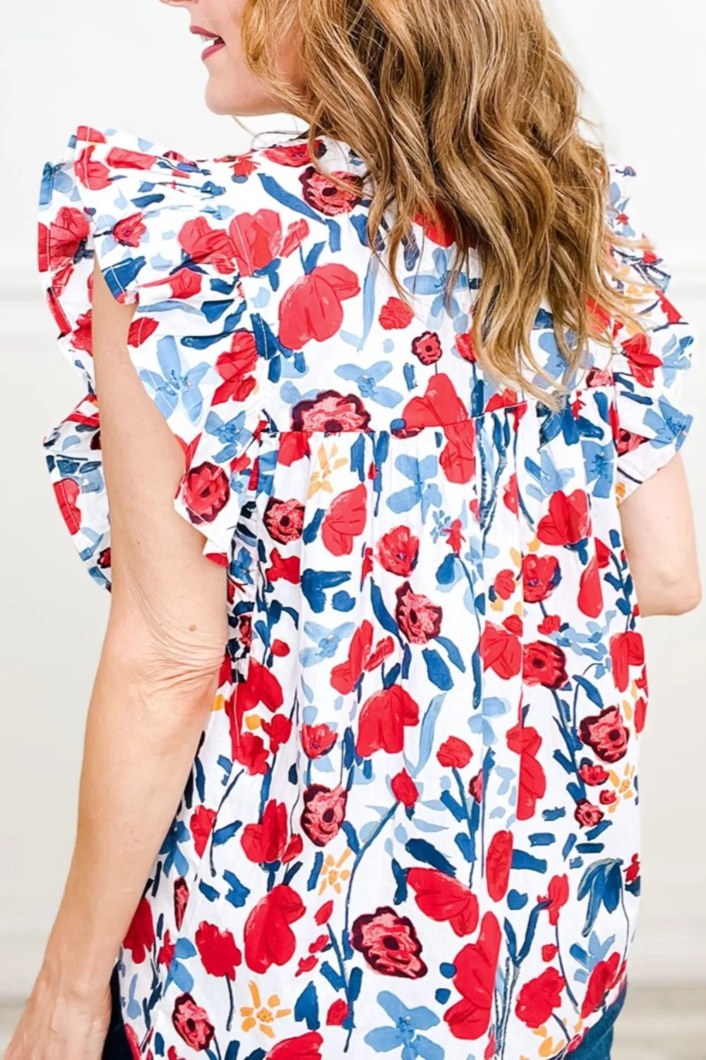 Ruffled Red White and Blue Floral V-Neck Cap Sleeve Blouse