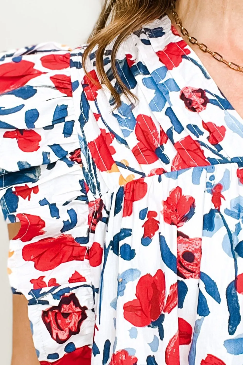 Ruffled Red White and Blue Floral V-Neck Cap Sleeve Blouse
