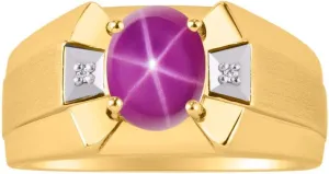 Rylos Men's Yellow Gold Plated Silver Ring  Classic Designer Style with 9x7MM Oval Gemstone & Diamonds, Birthstone Rings in Sizes 8-13