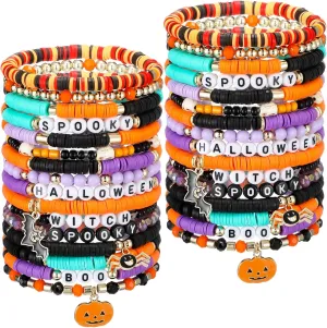 Sasylvia 32 Pcs Halloween Bracelets Bulk Clay Beaded Friendship Surfer Heishi Stretch Elastic Layering Bracelets for Women Holiday Jewelry Gifts Halloween Party Supplies