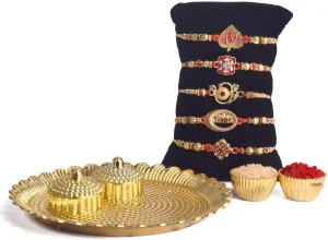 SATVIK 5 Pc Rakhi for Brother Bhaiya Traditional Handmad Assorted with Puja Plate, Roli Chawal, Greeting Card & Soun Stickers