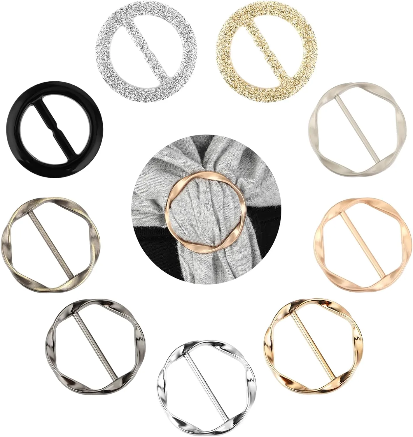 Scarf Buckles 9Pcs Shirt Ties Clips for Women, Round Scarf Ring Clip, Fashion TShirt Cincher Shirt Clip for Women Clothing (2 Materials)