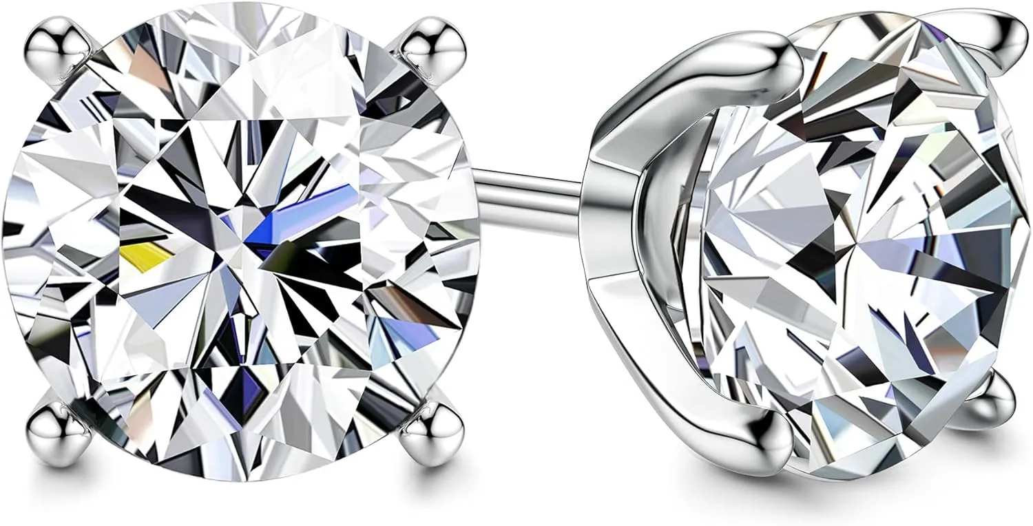 Screw Back Earrings MUSECLOUD 925 Sterling Silver Cubic Zirconia Earrings Studs For Women Men White Gold Plated Jewelry Birthday Christmas Gift 4 Prong 0.5-4CT Brilliant Round CZ Cartilage Earring Set