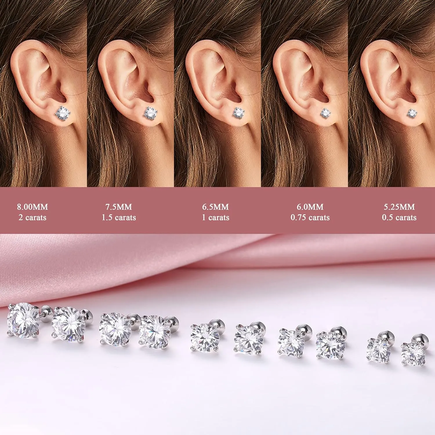 Screw Back Earrings MUSECLOUD 925 Sterling Silver Cubic Zirconia Earrings Studs For Women Men White Gold Plated Jewelry Birthday Christmas Gift 4 Prong 0.5-4CT Brilliant Round CZ Cartilage Earring Set