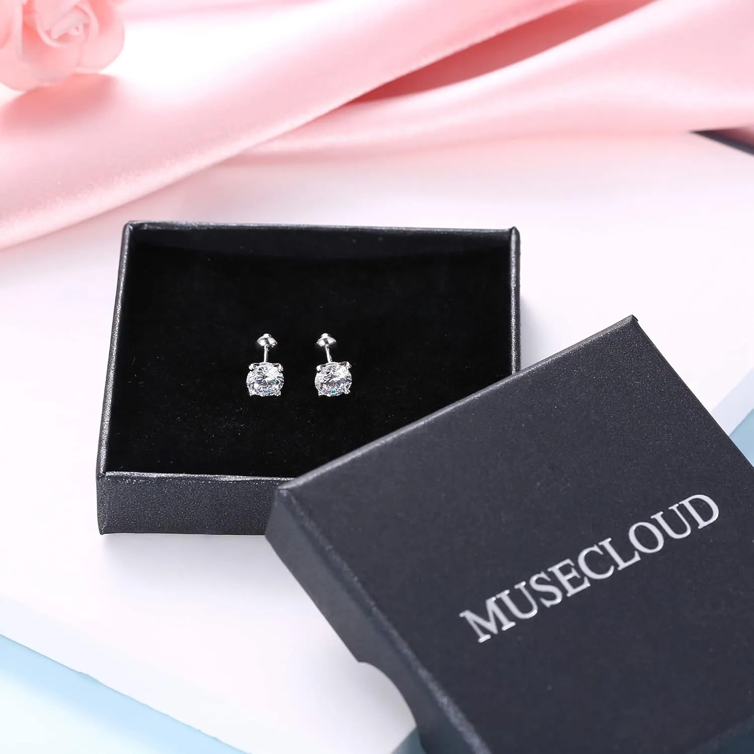 Screw Back Earrings MUSECLOUD 925 Sterling Silver Cubic Zirconia Earrings Studs For Women Men White Gold Plated Jewelry Birthday Christmas Gift 4 Prong 0.5-4CT Brilliant Round CZ Cartilage Earring Set