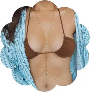 Sexy Chain Bra for Women Fashionable and Dainty Body Chain Double Layer Simple Fan-Shaped Pendant Rhinestone Waist Chain Gems Belly Chain Bling Necklace Body Jewelry