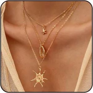 Shell Necklaces for Women Layered Gold Stack Necklace Starfish Seashell Charm Necklace Beach Jewelry for Women Summer Accessories