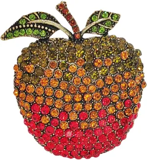 Shiny Crystal Apple Brooch Pin - Vintage Green and Red Rhinestone Fruit Jewelry with Green Crystal Leaf and Stem Accents