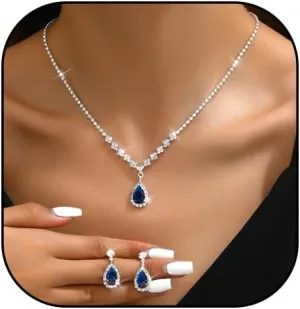 Shiny Cubic Zirconia Waterdrop Earrings Pendant Necklace Set Rhinestone Waterdrop Dangle Earrings Clavicle Necklace Wedding Bride Jewelry for Women