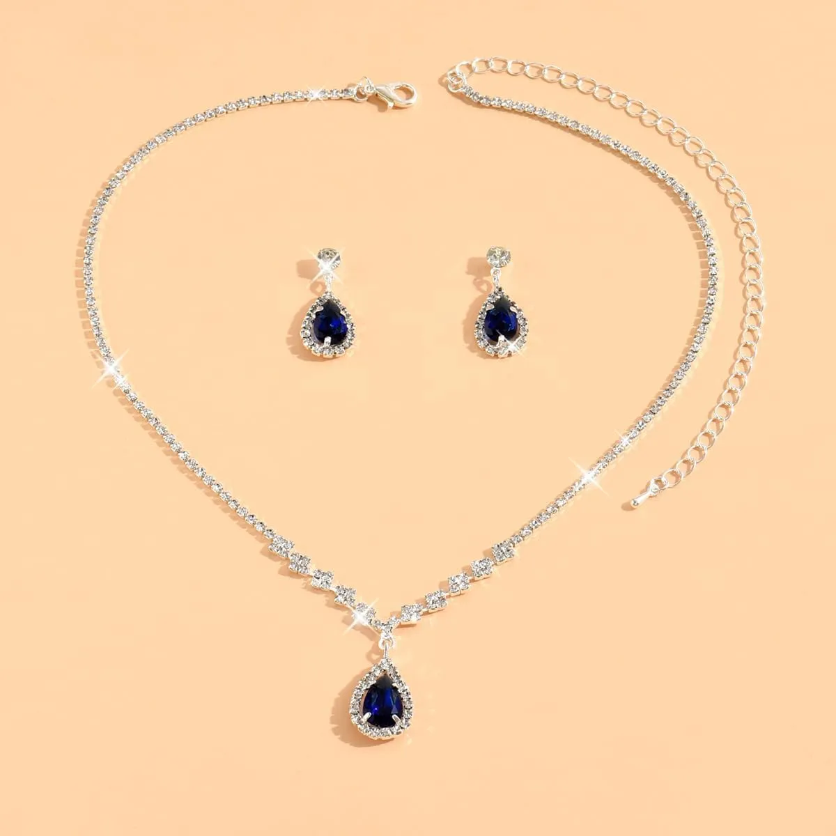 Shiny Cubic Zirconia Waterdrop Earrings Pendant Necklace Set Rhinestone Waterdrop Dangle Earrings Clavicle Necklace Wedding Bride Jewelry for Women