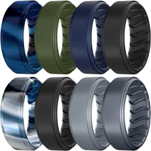 Silicone Ring, Men's Band, Black, Blue, Breathable Wave Design