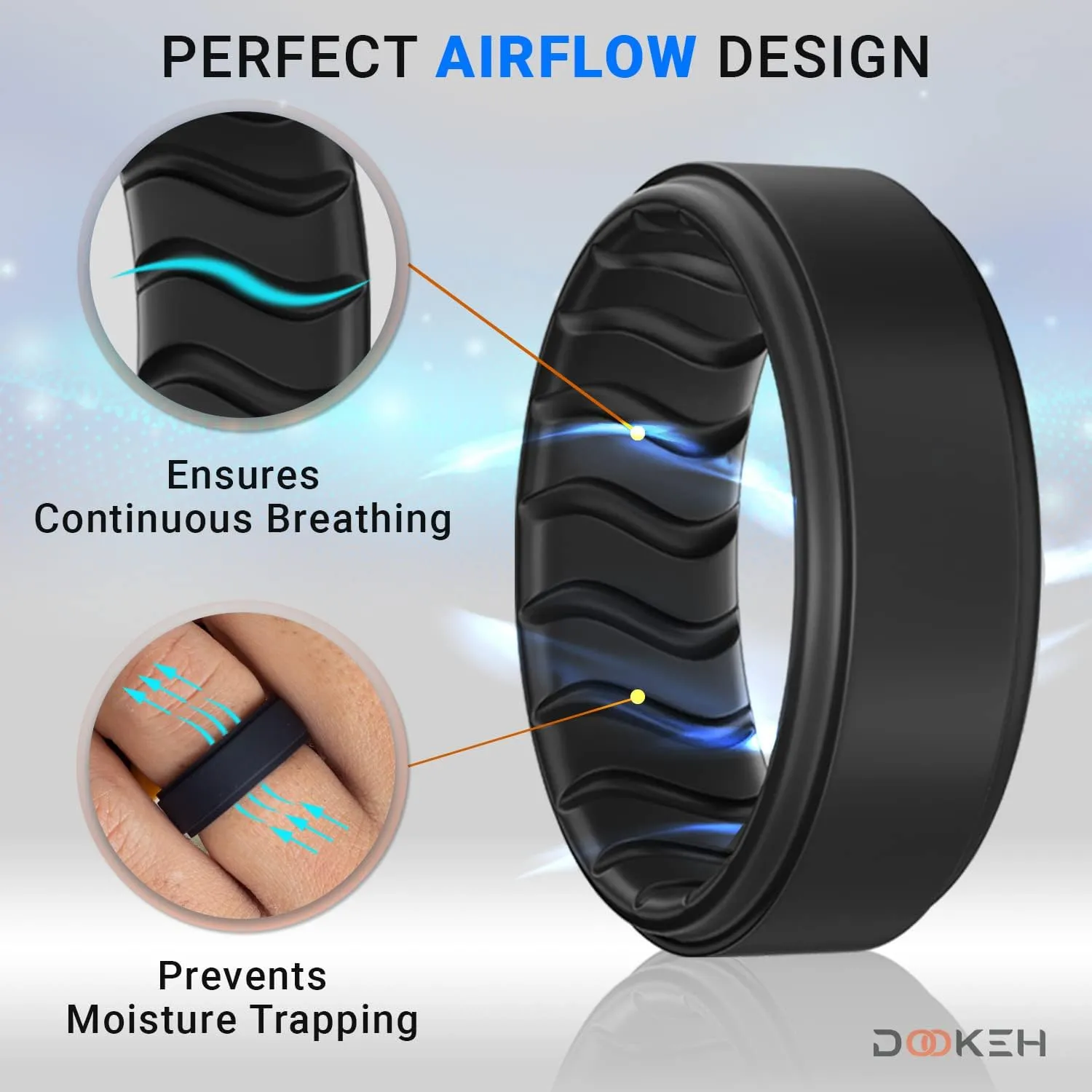 Silicone Ring, Men's Band, Black, Blue, Breathable Wave Design
