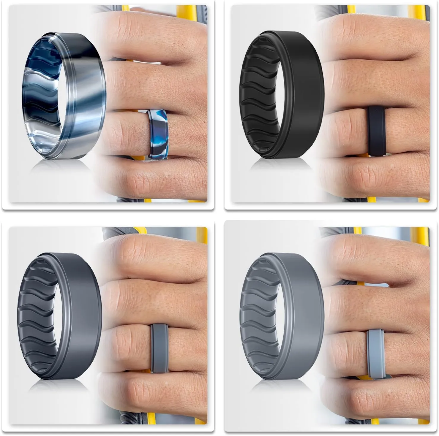 Silicone Ring, Men's Band, Black, Blue, Breathable Wave Design