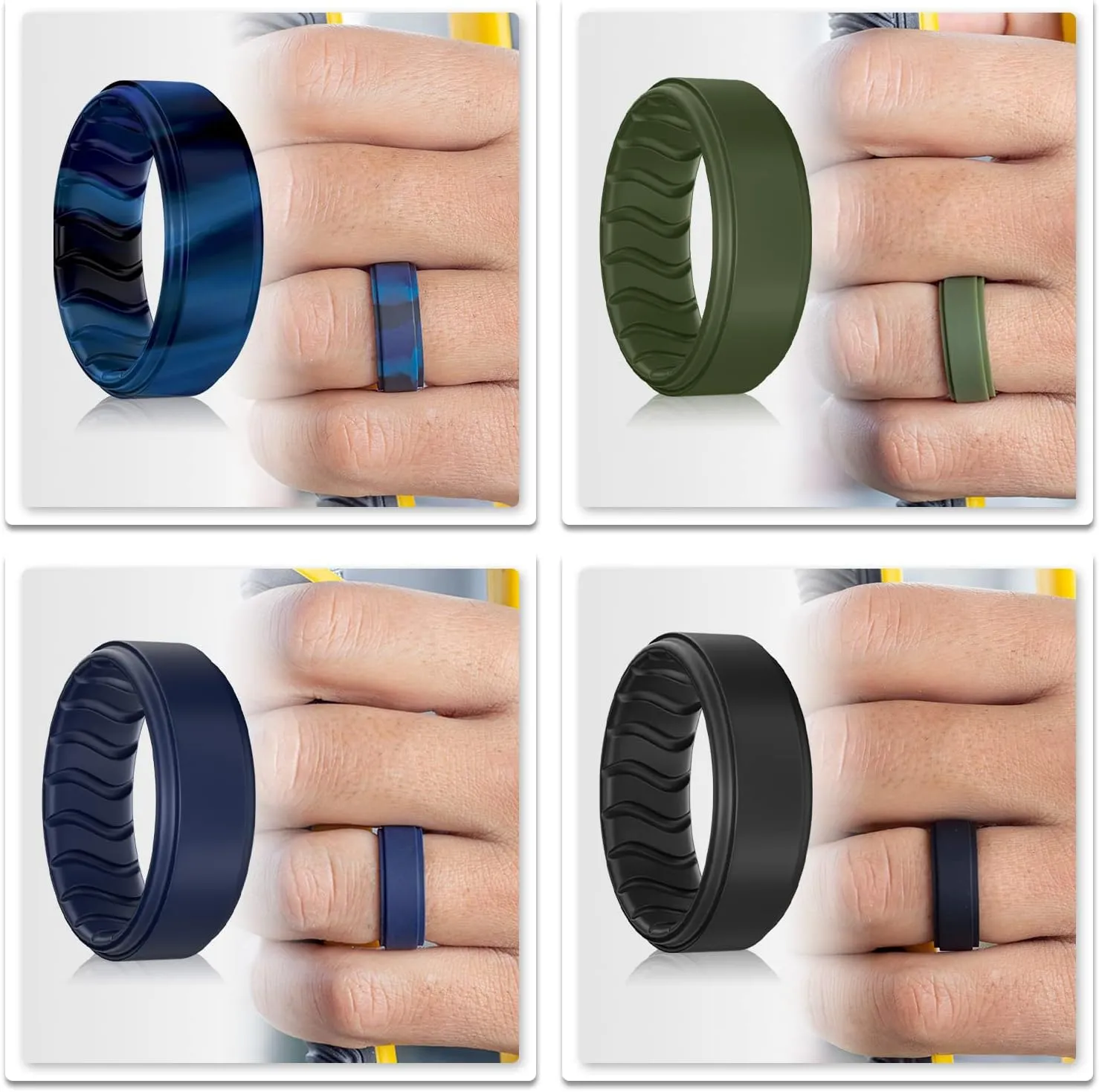 Silicone Ring, Men's Band, Black, Blue, Breathable Wave Design