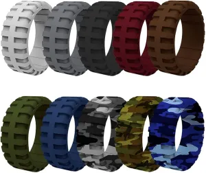Silicone Wedding Ring for Men, 10 Pack 9 mm Wide Tire Grain Sports Rubber Bands - Safe, Comfortable, Stylish