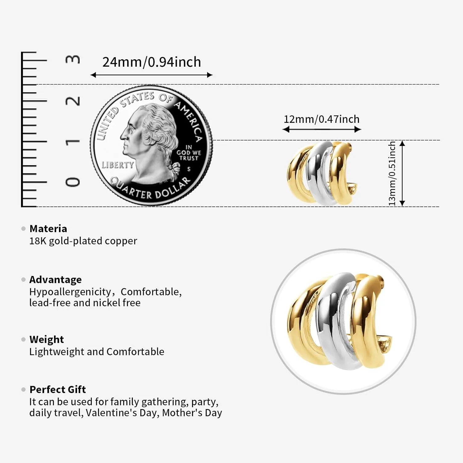 Silver and Gold Triple Hoops Earrings for Women Trendy Two Tone Hoop 18K Chunky Gold Earrings