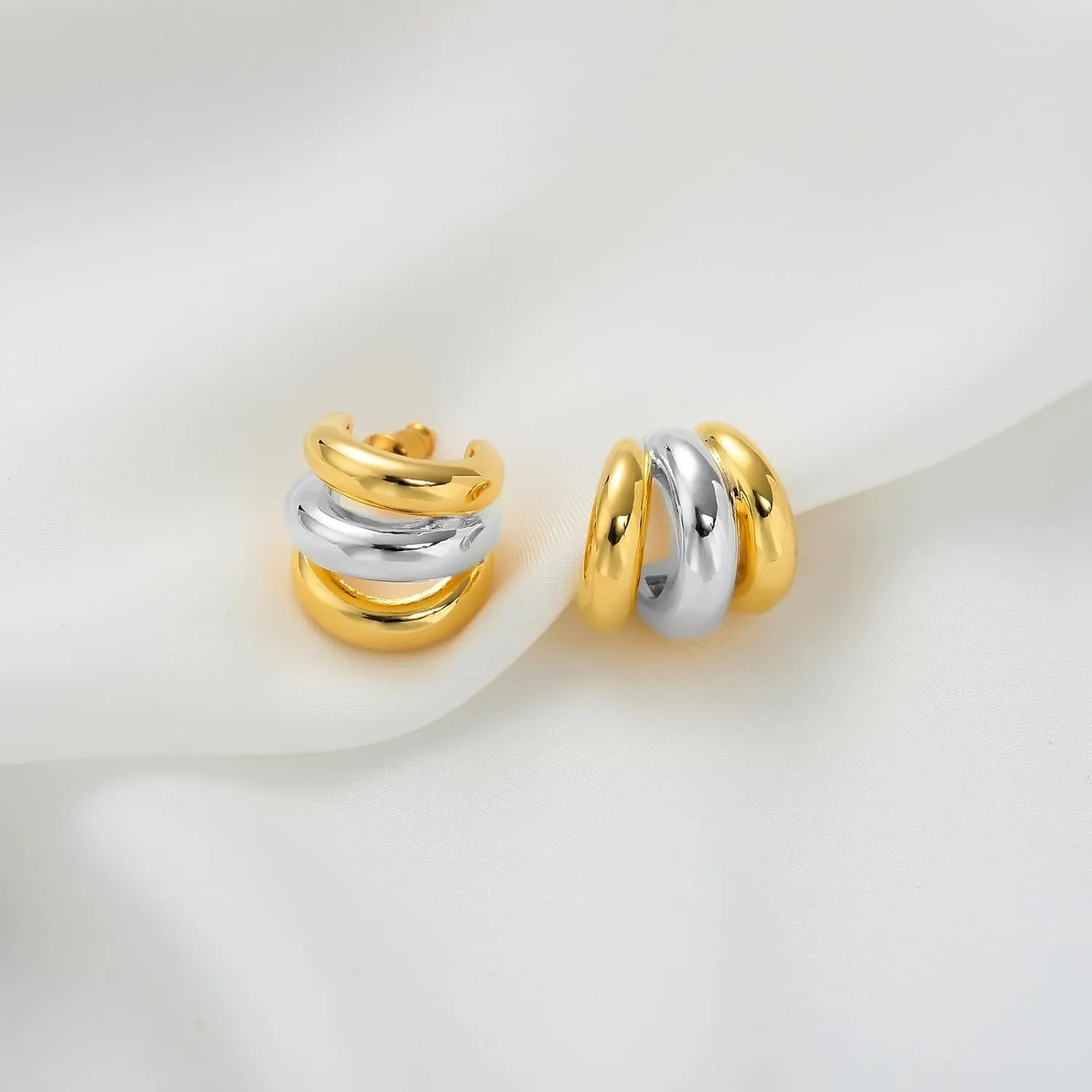 Silver and Gold Triple Hoops Earrings for Women Trendy Two Tone Hoop 18K Chunky Gold Earrings