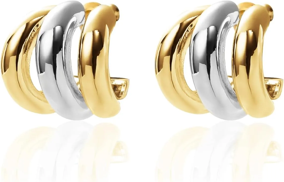 Silver and Gold Triple Hoops Earrings for Women Trendy Two Tone Hoop 18K Chunky Gold Earrings