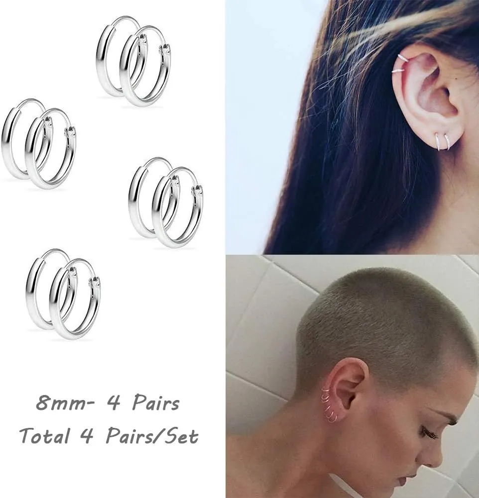Silver Hoop Earrings- Cartilage Earring Small Hoop Earrings for Women Men,4 Pairs of Hypoallergenic 925 Sterling Silver Tragus Earrings