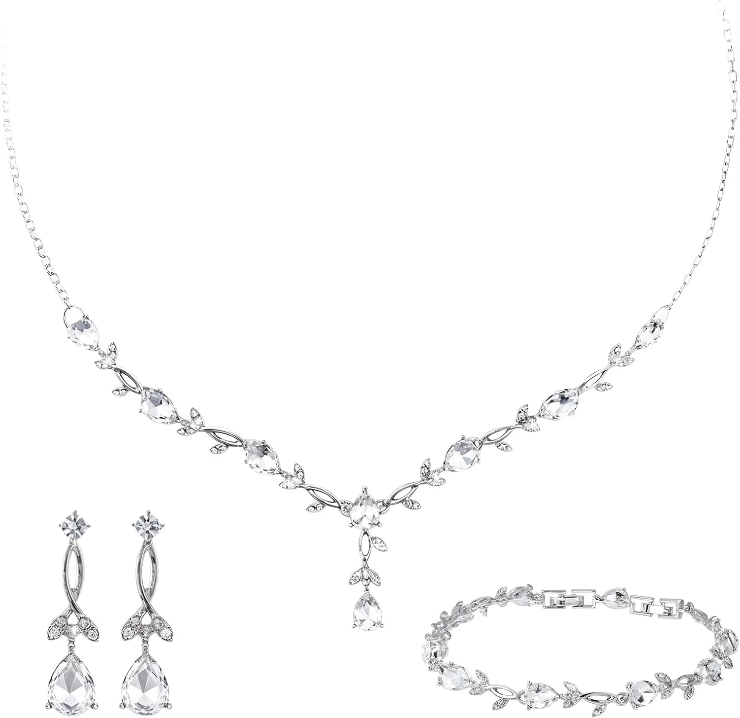 Silver Jewelry Set for Women Elegant Crystal Flower Necklace Teardrop Dangle Earrings Bracelet Set Cubic Zirconia Rhinestone Prom Wedding Jewelry Set For Brides Bridesmaid Prom Party Women Costume