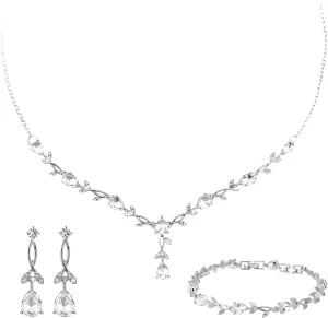 Silver Jewelry Set for Women Elegant Crystal Flower Necklace Teardrop Dangle Earrings Bracelet Set Cubic Zirconia Rhinestone Prom Wedding Jewelry Set For Brides Bridesmaid Prom Party Women Costume