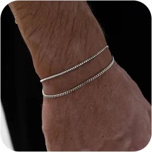 Silver Mens Bracelet, 925 Sterling Silver Bracelets for Men Cuban Box Chain Bracelet Double Bracelet for Women Men 6.5/7/7.5/8/8.5/9 Inches Bracelet Chain Set Men Jewelry Gifts for Dad Boyfriend Husband
