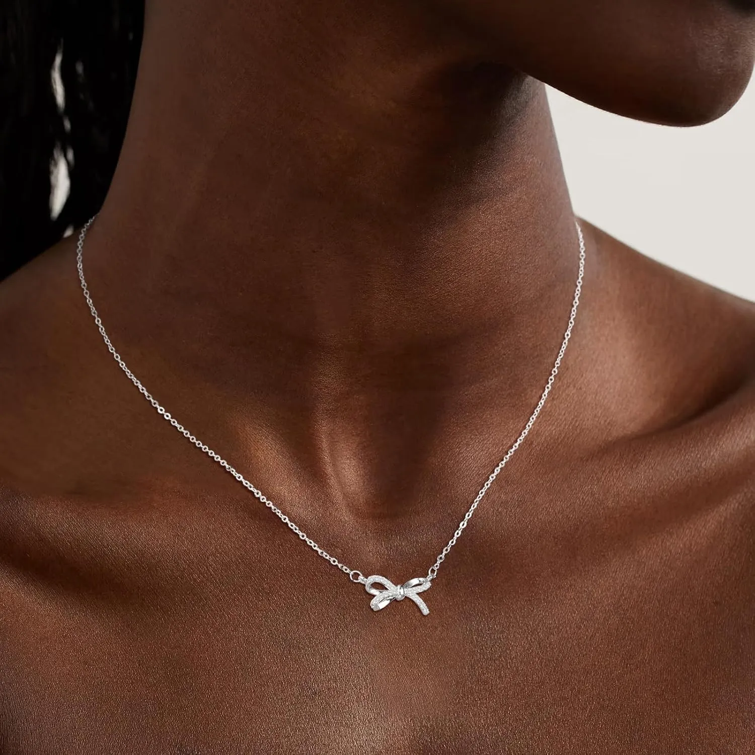 Silver Necklace for Women - Cute Bow Necklace Dainty Silver Necklace Cubic Zirconia Bow Pendant Necklace Chain Choker Necklaces for Women Trendy Jewelry