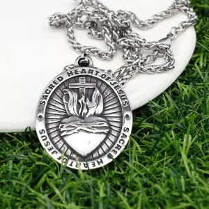 Silver Stainless Steel Holy Sacred Heart of Jesus Medal Cross Pendant Necklace