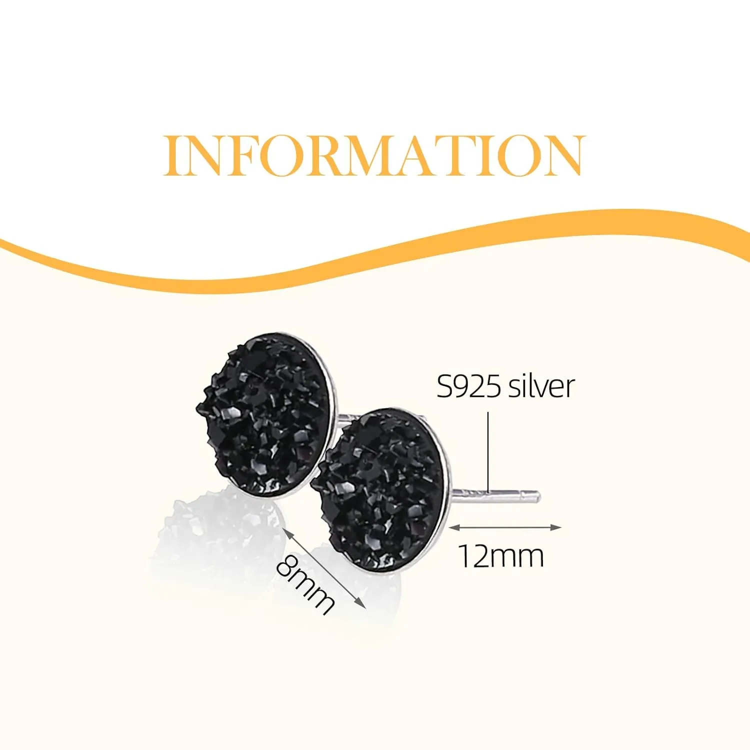 Silver-tone Black Faux Druzy Stud Earrings925 Sterling Silver Hypoallergenic Natural Gemstone Earrings for Women Trendy Fashion