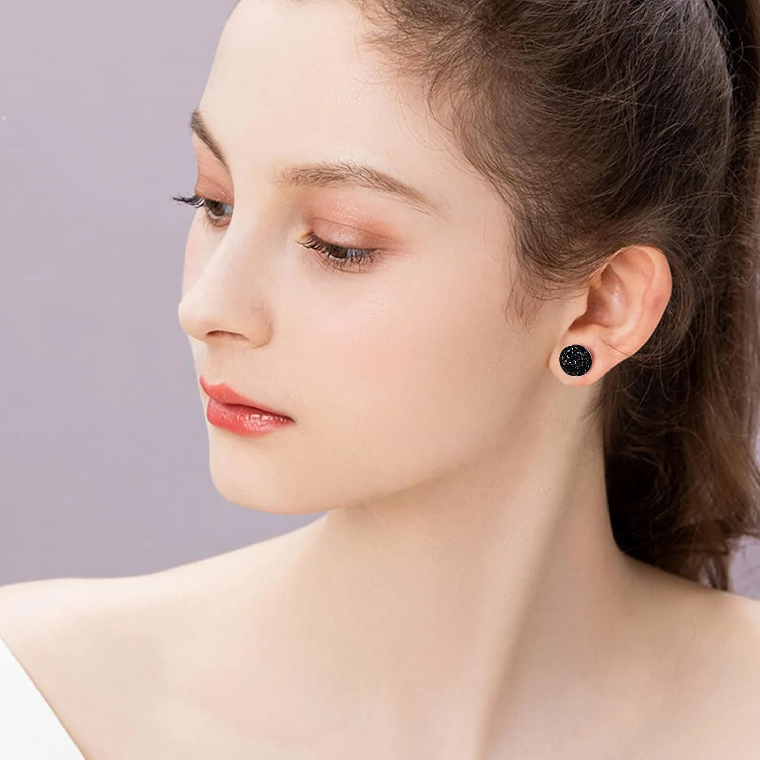 Silver-tone Black Faux Druzy Stud Earrings925 Sterling Silver Hypoallergenic Natural Gemstone Earrings for Women Trendy Fashion