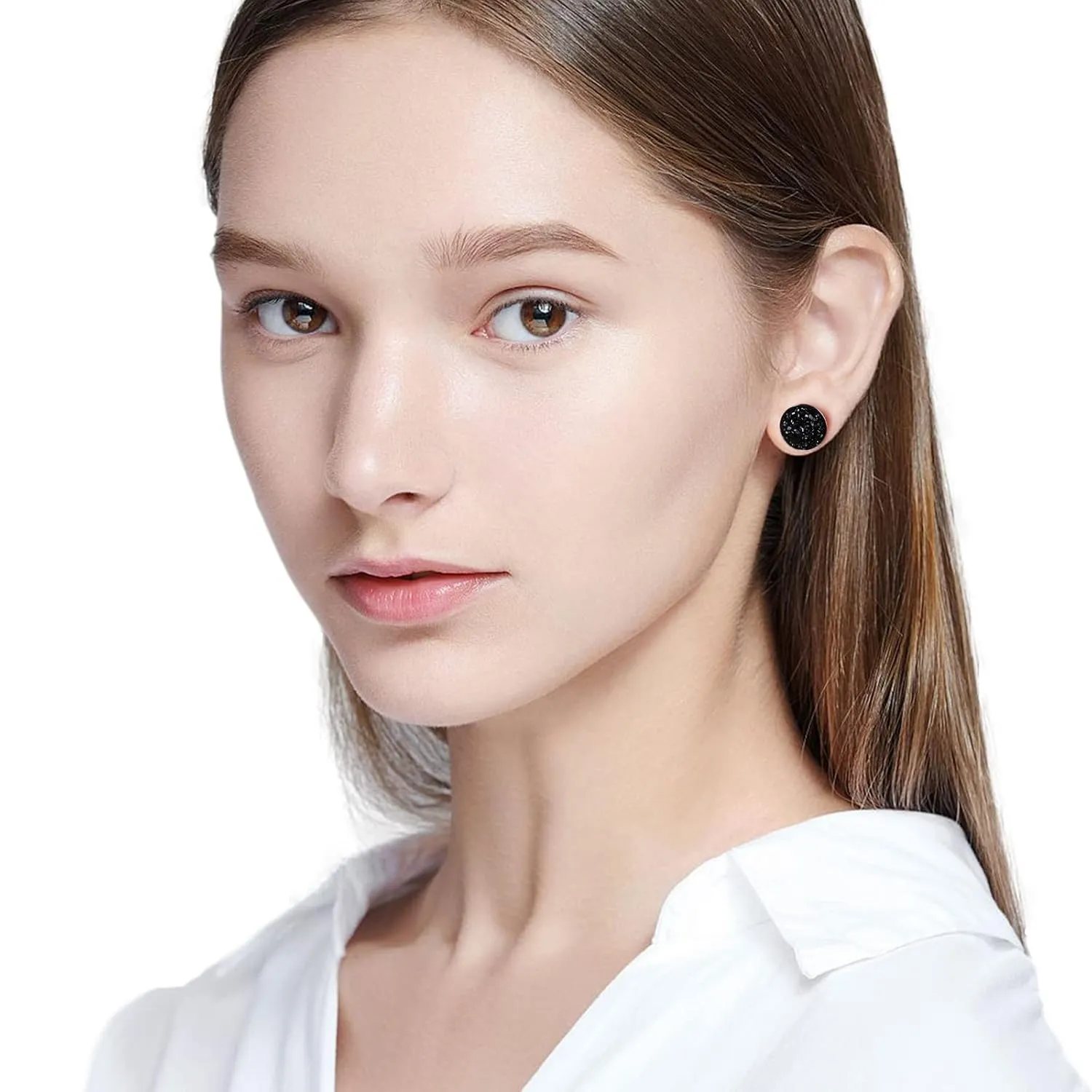 Silver-tone Black Faux Druzy Stud Earrings925 Sterling Silver Hypoallergenic Natural Gemstone Earrings for Women Trendy Fashion